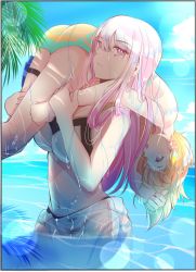 Rule 34 | alt text, bikini, blunt bangs, carrying, carrying over shoulder, carrying person, fireman&#039;s carry, highres, holding, hololive, hololive english, lionrunner1, long hair, looking at viewer, mori calliope, multicolored hair, multiple girls, orange hair, partially submerged, pink eyes, pink hair, red eyes, swimsuit, takanashi kiara, thumbs up, virtual youtuber, wet