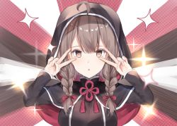Rule 34 | 1girl, black capelet, black dress, braid, breasts, brown hair, capelet, commentary request, double v, dress, emotional engine - full drive, fate/grand order, fate (series), hands up, hood, hooded capelet, kantai collection, large breasts, long hair, miyasaka miyabi, parody, shinshuu maru (kancolle), solo, sparkle, star (symbol), sunburst, sunburst background, twin braids, v