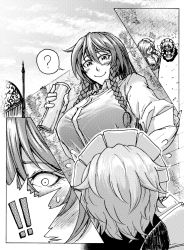 Rule 34 | !, !!, 2girls, ?, apron, blush, bra, braid, breasts, comic, commentary, commentary request, embarrassed, fairy maid (touhou), frills, from above, from behind, from below, gate, greyscale, hair between eyes, hong meiling, ivy, koyubi (littlefinger1988), large breasts, long hair, looking down, maid, maid apron, maid headdress, monochrome, multiple girls, outdoors, see-through, shirt, short hair, sleeves rolled up, smile, spoken question mark, sweat, sweatdrop, sweaty clothes, touhou, underwear, wall