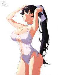 Rule 34 | 1girl, absurdres, adjusting hair, armpits, azur lane, bare legs, black hair, breasts, cleavage, cleavage cutout, clothing cutout, collarbone, covered erect nipples, hair ribbon, hand in own hair, highres, large breasts, long hair, navel, navel cutout, official art, one-piece swimsuit, parted lips, ponytail, ribbon, simple background, solo, standing, swimsuit, takao (azur lane), takao (beach rhapsody) (azur lane), very long hair, water drop, wet, white background, white one-piece swimsuit, white ribbon