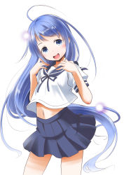 Rule 34 | 1girl, absurdres, ahoge, blue eyes, blue hair, blue sailor collar, blue skirt, commentary request, contrapposto, cosplay, fubuki (kancolle), fubuki (kancolle) (cosplay), gradient hair, highres, kantai collection, long hair, looking at viewer, multicolored hair, one-hour drawing challenge, open mouth, pleated skirt, round teeth, sailor collar, samidare (kancolle), school uniform, serafuku, simple background, skirt, smile, solo, swept bangs, taisinkoku, teeth, upper teeth only, very long hair, white background