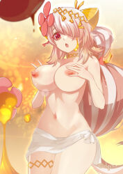 Rule 34 | 1girl, breasts, cleavage, cowboy shot, duel monster, flower, hair flower, hair ornament, hair over eyes, hands on own breasts, highres, large breasts, light brown hair, long hair, looking at viewer, lyrin (haireirei), naked shawl, navel, nectar, nipples, no panties, one eye covered, red eyes, signature, solo, standing, thighs, topless, traptrix pinguicula, very long hair, wide ponytail, yu-gi-oh!