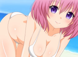Rule 34 | 1girl, absurdres, all fours, ass, bare shoulders, beach, bikini, blue sky, blurry, blurry background, blush, breasts squeezed together, breasts, butt crack, cleavage, closed mouth, gluteal fold, hanging breasts, highres, large breasts, momo velia deviluke, ocean, outdoors, pink hair, poa mellhen, purple eyes, sand, short hair, sky, smile, solo, swimsuit, to love-ru, water, white bikini