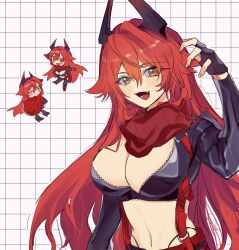 Rule 34 | 1girl, :d, arm up, black gloves, black jacket, black pants, blush, breasts, chibi, chibi inset, cleavage, closed mouth, cowboy shot, cropped jacket, fang, fingerless gloves, gloves, goddess of victory: nikke, grin, hair between eyes, hashtag-only commentary, highres, hip vent, horns, jacket, large breasts, leather, leather jacket, leather pants, long hair, long sleeves, looking at viewer, mechanical horns, midriff, miko (uuua12u), navel, open mouth, pants, red hair, red hood (nikke), red jacket, red scarf, scarf, sidelocks, smile, standing, suspenders, teeth, unworn jacket, unzipped, very long hair, white background, yellow eyes