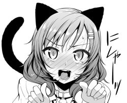Rule 34 | 10s, 1girl, akino sora, animal ears, animal pose, bell, neck bell, blush, cat ears, cat tail, collar, embarrassed, full-face blush, greyscale, hair ornament, hairclip, jingle bell, looking at viewer, love live!, love live! school idol project, monochrome, nishikino maki, short hair, solo, tail, tears