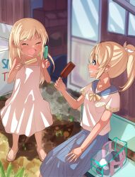 2girls :d ^_^ absurdres bag bare_arms bare_shoulders bench blonde_hair blue_eyes blue_sailor_collar blue_skirt blush bow bowtie choudai-sama closed_eyes collarbone dark-skinned_female dark_skin day dress food grin highres holding holding_food ice_cream long_hair looking_at_another multiple_girls open_mouth original outdoors pleated_skirt ponytail popsicle profile sailor_collar sandals school_uniform serafuku shirt short_sleeves sitting skirt sleeveless sleeveless_dress smile standing sundress tan tanline white_dress white_shirt yellow_bow yellow_bowtie