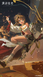 Rule 34 | 1girl, :d, absurdres, arm support, audience, bandaged hand, bandages, bare shoulders, black footwear, blue eyes, braid, breasts, brown hair, championship belt, clenched hand, confetti, copyright name, copyright notice, cropped shirt, facing viewer, fire, full body, hair bun, hand up, highres, knee up, kneehighs, logo, long hair, looking ahead, low twin braids, navel, night, night sky, off shoulder, official art, official wallpaper, open mouth, parted bangs, reverse:1999, robe, shirt, shoes, shorts, sitting, sitting on branch, sky, sleeveless, sleeveless shirt, small breasts, smile, sneakers, socks, solo, spathodea (reverse:1999), stadium, stomach, teeth, turning head, twin braids, upper teeth only, white robe, white shirt, white shorts, white socks