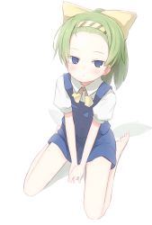Rule 34 | 1girl, alternate hairstyle, barefoot, blue eyes, blue skirt, blue vest, blush, bow, bowtie, closed mouth, collared shirt, commentary request, cookie (touhou), daiyousei, diyusi (cookie), full body, green hair, hair bow, hazard stripes, looking at viewer, medium hair, miyako (naotsugu), shirt, simple background, sitting, skirt, solo, touhou, vest, white background, white shirt, yellow bow, yellow bowtie