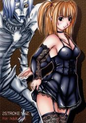 Rule 34 | 00s, 2girls, amane misa, artist request, bandage over one eye, bare arms, black choker, blonde hair, blush, breasts, brick wall, choker, cleavage, clothes lift, colored skin, cowboy shot, death note, detached sleeves, dress, facing viewer, garter straps, goth fashion, gothic, lace, lace-trimmed legwear, lace trim, light blush, looking at viewer, medium hair, multiple girls, no bra, outline, rem (death note), running bond, shinigami, short dress, short hair, sidelocks, skirt, skirt lift, slit pupils, small breasts, smile, standing, tagme, thighhighs, two side up, white outline, white skin, zettai ryouiki