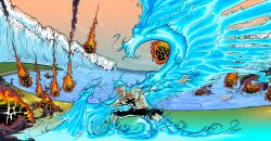 Rule 34 | 1boy, abs, blonde hair, blue fire, fiery wings, fighting stance, fire, ice, jolly roger, male focus, marco (one piece), marineford, lava, muscular, ocean, one piece, outdoors, pirate, scenery, topless male, shorts, solo, tattoo, wings