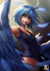 Rule 34 | 1girl, absurdres, ahoge, blue hair, blue wings, breasts, commentary, cowboy shot, feathered wings, feathers, harpy, highres, looking to the side, monster girl, monster musume no iru nichijou, navel, open mouth, papi (monster musume), reagan long, short hair, small breasts, solo, tank top, winged arms, wings, yellow eyes