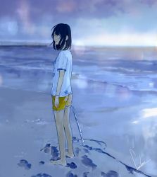 Rule 34 | 1girl, artist name, barefoot, beach, black eyes, black hair, blurry, closed mouth, depth of field, holding, looking at viewer, loundraw, nijuuyon no hitomi, original, outdoors, shirt, short sleeves, shorts, signature, solo, standing, stick, water, white shirt, yellow shorts