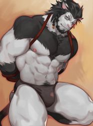 Rule 34 | 1boy, abs, animal ears, arms behind back, warrior of light (ff14), bara, beard, black male underwear, braid, briefs, bulge, cat ears, cat tail, facial hair, fang, final fantasy, final fantasy xiv, furry, furry male, grey fur, hrothgar, kneeling, korean commentary, large pectorals, looking at viewer, male focus, male underwear, mature male, muscular, muscular male, navel, navel hair, neilos, nipples, pectorals, red rope, rope, short hair, solo, stomach, tail, thick thighs, thighs, topless male, underwear, underwear only