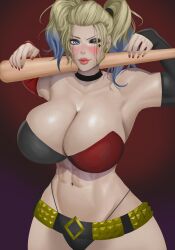 Rule 34 | absurdres, baseball bat, batman (series), breasts, dc comics, harley quinn, highres, huge breasts, palemaster arts, solo