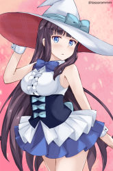 Rule 34 | 1girl, arm at side, bad id, bad pixiv id, bare arms, bare shoulders, blue bow, blue bowtie, blue eyes, blunt bangs, blush, bow, bowtie, breasts, buttons, center frills, commentary request, cowboy shot, dress, frilled dress, frilled skirt, frills, hand on headwear, hand up, hat, hat bow, legs together, long hair, looking at viewer, medium breasts, new game!, parted lips, purple hair, short dress, sidelocks, skirt, sleeveless, sleeveless dress, solo, standing, takimoto hifumi, tasora, twitter username, very long hair, white hat, wrist cuffs