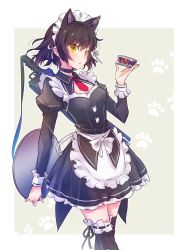Rule 34 | 1girl, :o, animal ears, animal print, apron, black hair, black thighhighs, blake belladonna, blush, breasts, can, cat ears, cleavage, cleavage cutout, clothing cutout, collar, dress, english text, fish print, frills, headdress, highres, holding, holding tray, iesupa, long sleeves, looking at viewer, maid, maid apron, maid headdress, necktie, open mouth, paw print, red necktie, rwby, short hair, small breasts, solo, sword, thighhighs, tin can, tray, weapon, yellow eyes