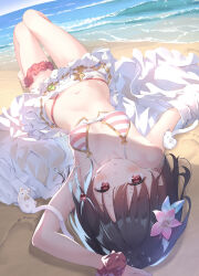Rule 34 | 1girl, absurdres, beach, bikini, breasts, closed mouth, commentary request, flower, granblue fantasy, hair flower, hair ornament, highres, horizon, knees up, looking at viewer, lying, mouse (animal), navel, ocean, on back, outdoors, pink bikini, pink flower, small breasts, star (symbol), striped bikini, striped clothes, swimsuit, thigh strap, ukiwakisen, vikala (blooming summer wallflower) (granblue fantasy), vikala (granblue fantasy), white bikini