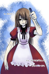Rule 34 | 1girl, apron, blue theme, bow, brown eyes, brown hair, crazy eyes, dress, knife, long hair, maid, maid apron, red dress, ribbon, solo, translation request, yandere, yukian