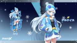 Rule 34 | 1girl, beanie, bell, black collar, black gloves, blue eyes, blue headwear, blue jacket, blue skirt, breasts, collar, floating hair, gloves, hand in pocket, hat, highres, jacket, long hair, mila (smc), neck bell, official art, pom pom (clothes), see-through, see-through skirt, silver hair, skirt, small breasts, super mecha champions, v-shaped eyebrows, zoom layer