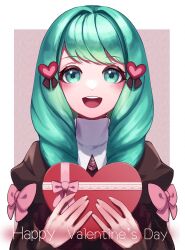 Rule 34 | 1girl, box, box of chocolates, drill hair, fire emblem, fire emblem: three houses, flayn (fire emblem), green eyes, green hair, hair ornament, hairclip, happy valentine, highres, holding, holding box, looking at viewer, miran (olivine 20), nintendo, open mouth, swept bangs, teeth, turtleneck, twin drills, upper teeth only