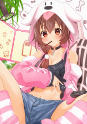 Rule 34 | 1girl, absurdres, amaguri (guri 0330), bare shoulders, black tank top, blush, breasts, brown eyes, brown hair, chair, choker, cleavage, commentary request, controller, crop top, denim, denim shorts, detached sleeves, food, fur-trimmed sleeves, fur trim, game controller, gaming chair, hair between eyes, hair ornament, hair over shoulder, highres, hololive, hood, hooded vest, hoodie, inugami korone, inugami korone (loungewear), large breasts, long hair, looking at viewer, loose socks, midriff, monitor, mouth hold, navel, nintendo switch pro controller, o-ring, o-ring choker, official alternate costume, pink vest, pocky, pom pom (clothes), pom pom hair ornament, shorts, sitting, socks, solo, spread legs, swivel chair, tank top, vest, virtual youtuber