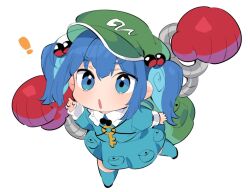 ! 1girl akagashi_hagane arm_up backpack bag black_footwear blue_eyes blue_hair blue_shirt blue_skirt blue_thighhighs boxing_gloves cabbie_hat chibi chibi_only full_body green_bag green_hat hair_bobbles hair_ornament hat index_finger_raised kawashiro_nitori key long_hair long_sleeves mechanical_arms open_mouth pocket shirt simple_background skirt solo thighhighs touhou two_side_up white_background