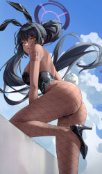 Rule 34 | 1girl, absurdres, animal ears, arm tattoo, ass, black footwear, black hair, black leotard, blue archive, blue sky, breasts, cloud, commentary, dark-skinned female, dark skin, fake animal ears, fake tail, fishnet pantyhose, fishnets, halo, high heels, highres, karin (blue archive), karin (bunny) (blue archive), korean commentary, large breasts, leotard, long hair, looking at viewer, looking to the side, ly 7317, number tattoo, official alternate costume, outdoors, pantyhose, playboy bunny, ponytail, rabbit ears, rabbit tail, sky, solo, strapless, strapless leotard, tail, tattoo, very long hair