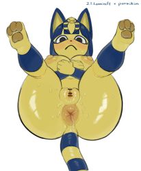 Rule 34 | 1girl, animal crossing, animal ears, animal hands, ankha (animal crossing), anus, ass, bar censor, black eyes, breasts, cat ears, cat tail, censored, cleft of venus, clitoris, egyptian, fat mons, female focus, furry, furry female, highres, legs up, looking at viewer, lying, navel, nintendo, nipples, on back, pororikin, puckered anus, pussy, pussy juice, solo, tail