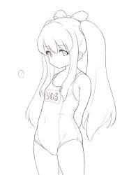 Rule 34 | 1girl, bow, closed mouth, covered navel, hair bow, kiikii (kitsukedokoro), long hair, looking at viewer, lymle lemuri phi, monochrome, one-piece swimsuit, simple background, solo, star ocean, star ocean the last hope, swimsuit, twintails, white background