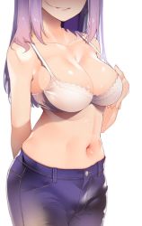 Rule 34 | 1girl, asano ruri, asano sisters project, bra, breasts, byte (allbyte), cleavage, collarbone, cowboy shot, denim, facing viewer, hand up, head out of frame, jeans, large breasts, lips, long hair, looking at viewer, navel, pants, parted lips, purple hair, simple background, smile, solo, underwear, virtual youtuber, white background, white bra