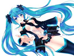 Rule 34 | 1girl, bad id, bad pixiv id, blue eyes, blue hair, blush, breasts, center opening, detached sleeves, covered erect nipples, hatsune miku, long hair, matching hair/eyes, nami (nyaa), navel, navel piercing, necktie, outstretched arm, piercing, solo, thighhighs, twintails, very long hair, vocaloid, watermark, white background