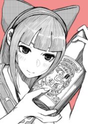 Rule 34 | 1girl, alcohol, bottle, hair ribbon, highres, long hair, looking at viewer, monochrome, nakoruru, ribbon, samurai spirits, smile, snk, solo, the king of fighters