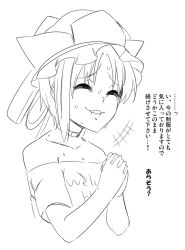 Rule 34 | +++, 1girl, asymmetrical hair, choker, closed eyes, clothes writing, cosplay, female focus, forced smile, greyscale, hat, hecatia lapislazuli, hecatia lapislazuli (cosplay), jeno, monochrome, own hands clasped, own hands together, shiki eiki, simple background, smile, solo, sweat, touhou, translation request, upper body, white background