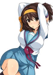 Rule 34 | 1girl, arms up, black socks, blue sailor collar, blue skirt, blush, bow, breasts, brown eyes, brown hair, collarbone, commentary, dutch angle, feet out of frame, hair between eyes, hair bow, hair intakes, hair tie, hair tie in mouth, hairband, haruhisky, highres, invisible chair, large breasts, long hair, long sleeves, looking at viewer, miniskirt, mouth hold, orange bow, orange hairband, pleated skirt, red bow, sailor collar, school uniform, serafuku, shirt, simple background, sitting, skirt, socks, solo, suzumiya haruhi, suzumiya haruhi no yuuutsu, tying hair, v-shaped eyebrows, white background, white shirt