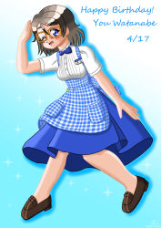 Rule 34 | 1girl, apron, artist name, artist request, bare legs, blue bow, blue eyes, blue ribbon, blue skirt, blush, bow, breasts, brown footwear, checkered apron, checkered clothes, collared shirt, female focus, full body, glasses, grey hair, highres, iinaoushi, light brown hair, looking at viewer, love live!, love live! school idol festival, love live! sunshine!!, parted lips, ribbon, salute, shirt, shoes, short hair, skirt, small breasts, smile, solo, watanabe you, white apron, white shirt
