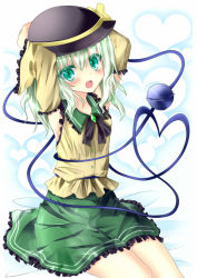 Rule 34 | 1girl, adapted costume, bad id, bad pixiv id, blush, bow, colored eyelashes, detached sleeves, closed eyes, female focus, green eyes, green hair, hands on headwear, hat, hat bow, heart, komeiji koishi, matching hair/eyes, open mouth, short hair, sitting, smile, solo, tetsu tissue, third eye, touhou, wide sleeves