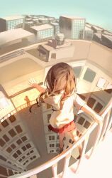 Rule 34 | 1girl, braid, chi chi3939, city, cosplay, hand on railing, hatsune miku, hatsune miku (cosplay), highres, imminent suicide, on rooftop, railing, reaching, rooftop, skirt, solo, twin braids, vocaloid, watashi no r (vocaloid)