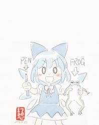 Rule 34 | 0 0, 1girl, 2016, animal, arrow (symbol), bad id, bad twitter id, blue dress, blue hair, blush stickers, bow, cirno, dated, dress, english text, female focus, frog, gensoukoumuten, hair bow, hair ribbon, highres, holding, holding animal, ice, ice wings, pale color, parody, pen, pen-pineapple-apple-pen, ribbon, short hair, signature, solo, touhou, white background, wings