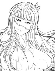 Rule 34 | 1girl, breasts, cleavage, covered erect nipples, eyelashes, ganassa, greyscale, highres, kido saori, large breasts, lineart, lips, looking at viewer, monochrome, saint seiya, slingshot swimsuit, smile, solo, swimsuit, underboob