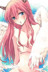 Rule 34 | 1girl, akura (arc the lad), arc the lad, arc the lad ii, blue eyes, blush, breasts, cleavage, commentary request, groin, horns, izumi kouyou, long hair, looking at viewer, medium breasts, navel, nude, parted lips, pink hair, solo, wings