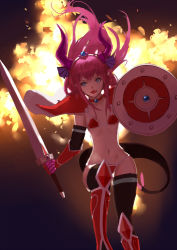 Rule 34 | 1girl, :d, armor, armored boots, bikini, bikini armor, black sleeves, black thighhighs, blue eyes, boots, choker, collarbone, detached sleeves, dragon girl, elizabeth bathory (brave) (fate), elizabeth bathory (fate), fang, fate/grand order, fate (series), flat chest, floating hair, hair between eyes, hairband, holding, holding sword, holding weapon, horns, knee boots, kwi (kawaiin), long hair, long sleeves, looking at viewer, open mouth, pauldrons, pink hair, red bikini, red choker, red footwear, shoulder armor, smile, solo, swimsuit, sword, tail, thighhighs, very long hair, weapon, white hairband