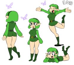 Rule 34 | 1girl, ass, bigdead, black eyes, boots, breasts, character sheet, collage, fairy, female focus, flat color, green footwear, green hair, highres, kokiri, lying, nintendo, on stomach, pointy ears, saria (zelda), short hair, small breasts, smile, solo, the legend of zelda, the legend of zelda: ocarina of time, tunic, unitard, white background