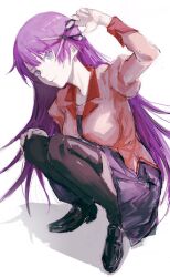 Rule 34 | . (kometto333), 1girl, arm up, bakemonogatari, black footwear, black thighhighs, blue eyes, breasts, breasts on lap, closed mouth, collared shirt, eyelashes, full body, hand on own knee, highres, holding, holding scissors, juliet sleeves, large breasts, leaning forward, loafers, long hair, long sleeves, looking at viewer, miniskirt, monogatari (series), naoetsu high school uniform, necktie, pink shirt, pleated skirt, puffy sleeves, purple hair, purple necktie, purple skirt, school uniform, scissors, senjougahara hitagi, shadow, shirt, shoes, skirt, solo, squatting, thighhighs, very long hair, white background