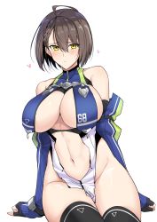 Rule 34 | 1girl, adapted costume, ahoge, azur lane, baltimore (azur lane), bare shoulders, black legwear, blue gloves, blue leotard, blush, braid, braided bangs, breasts, brown hair, center opening, cleavage, closed mouth, commentary request, elbow gloves, fingerless gloves, gloves, hair between eyes, halcon, heart, highleg, highleg leotard, highres, large breasts, leotard, looking at viewer, navel, pelvic curtain, revealing clothes, short hair, sideboob, simple background, sirius (azur lane), sirius (azure horizons) (azur lane), sitting, solo, thighs, two-tone leotard, white background, white leotard, yellow eyes