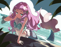 Rule 34 | 1girl, bare shoulders, blue eyes, blue sky, blush, bracelet, breasts, commentary, crop top, day, dutch angle, forehead, hair ornament, highres, jewelry, jitome, laura (precure), long hair, looking at viewer, medium breasts, mermaid, midriff, monster girl, navel, outdoors, partially submerged, pink hair, precure, pursed lips, shade, shore, skirt, sky, sleeveless, solo, tail, tropical-rouge! precure, ushiki yoshitaka, wavy hair, wet