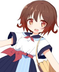 Rule 34 | 1girl, :d, alternate costume, bag, belt, blue sailor collar, blue skirt, blush, breasts, brown eyes, brown hair, commentary request, dutch angle, gradient hair, hair between eyes, highres, ichi (ichi.colors), kantai collection, looking at viewer, multicolored hair, mutsuki (kancolle), open mouth, pleated skirt, red belt, red neckwear, round teeth, sailor collar, school uniform, serafuku, shirt, short sleeves, simple background, skirt, small breasts, smile, solo, teeth, upper teeth only, white background, white shirt, wide sleeves