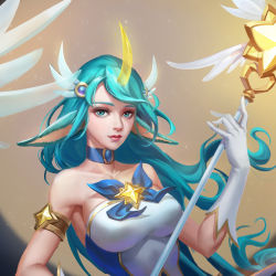 Rule 34 | 1girl, animal ears, armband, blue shirt, breasts, brown background, choker, collarbone, gloves, gradient background, green choker, green eyes, green hair, hair ornament, hand up, highres, holding, holding staff, horns, large breasts, league of legends, lna (lna384677861), long hair, off shoulder, pointy ears, shirt, single horn, solo, soraka (league of legends), staff, star (symbol), star guardian (league of legends), star guardian soraka, upper body, white gloves, white shirt