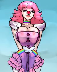 Rule 34 | 1girl, absurdres, ace attorney, areola slip, black eyes, breast press, breasts, choker, cleavage cutout, clothing cutout, clown girl, clown nose, female focus, geiru toneido, gloves, high heels, highres, large breasts, lipstick, long hair, looking at viewer, makeup, multicolored clothes, nipple slip, nipples, pink hair, revealing clothes, skirt, solo, suspender skirt, suspenders