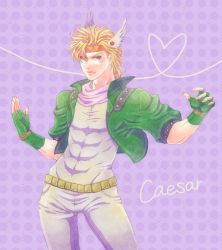 Rule 34 | 1boy, abs, bad id, bad pixiv id, battle tendency, belt, blonde hair, caesar anthonio zeppeli, character name, contrapposto, cropped jacket, facial mark, feathers, fingerless gloves, gloves, green eyes, green gloves, green jacket, head wings, headband, heart, heart of string, jacket, jojo no kimyou na bouken, male focus, pants, polka dot, polka dot background, scarf, shirt, solo, standing, tight clothes, time003, white pants, white shirt, wings