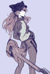 Rule 34 | 1girl, artist request, ass, breasts, evangelion: 3.0 you can (not) redo, expressionless, eyepatch, guitar, hands in pockets, highres, instrument, jacket, long hair, long sleeves, looking at viewer, neon genesis evangelion, rebuild of evangelion, shiny clothes, simple background, small breasts, solo, souryuu asuka langley, track jacket, tsundere